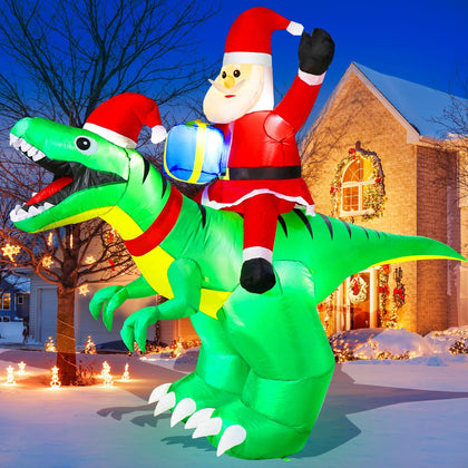 9x7FT Christmas Inflatables Santa Ride on Dinosaur with LED Outdoor Christmas Dinosaur Inflatable Blow Up Yard