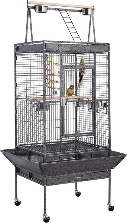 69" Large Bird Cage, Rolling Parrot Cage for Parakeets Cockatiels | Play Top with Ladder & Feeders, Slide-Out Tray