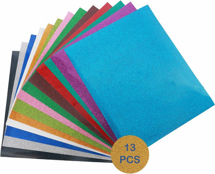 Glitter Heat Transfer Vinyl for T Shirts, 12"x10"x13 PCS Glitter Assorted lron on,Outlast 50+ Washes, Assorted