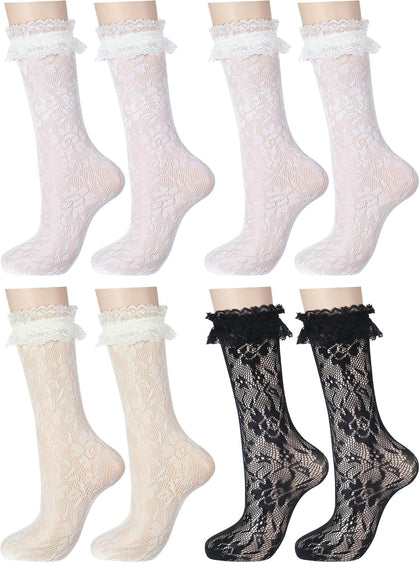 4 Pairs Little Girl Knee High Socks Kids Lace Long Socks with Ruffle Stocking for The First Communion 5-12 Years Old