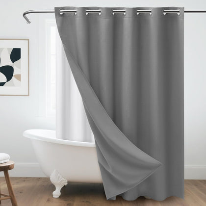 No Hook Waffle Weave Shower Curtain with Snap-in Fabric Liner,256GSM Heavy Duty Fabric Shower Curtain Set,Dark Grey