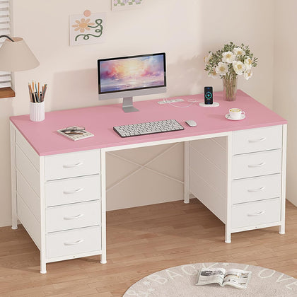 50 Inch Computer Desk with 8 Drawers, Home Office Desk with Power Outlets, Work Study Gaming Desk with 8 Fabric