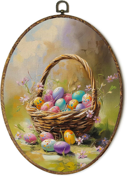 Vintage Easter Eggs Oval Wall Art Decor, Spring Farmhouse Oval Hanging Wall Decor, Easter Egg in Basket Canvas Framed