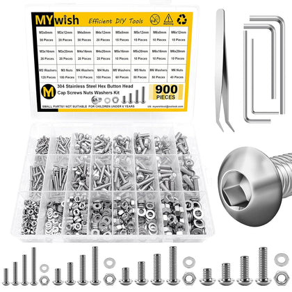 900Pcs Metric Screw Assortment, M3 M4 M5 M6 Screw Assortment Kit 304 Stainless Steel Hex Socket Button Head Socket
