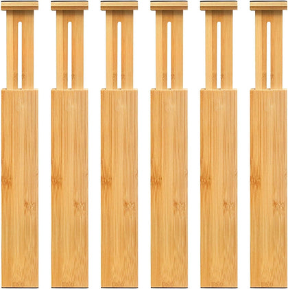 6-Pack Adjustable Bamboo Drawer Dividers, Expandable Drawer Organizer for Kitchen Utensils, Clothes, Bathroom, Office