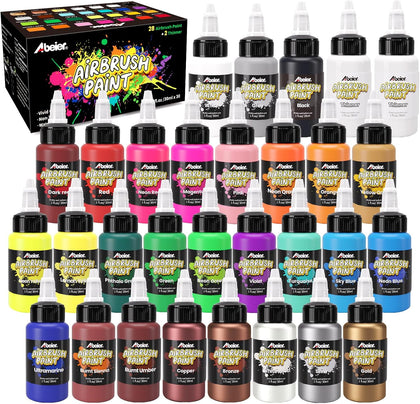 Airbrush Paint Set, 28 Colors x 1 oz with 2 Thinners, Ready Spray | Non-Toxic, Water-based acrylic formula, smooth