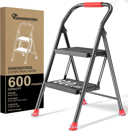 Step Ladder Foldable Folding Stool - for Home Adults Kitchen 2 Stepping Extension Tall Heavy Duty with Handrails