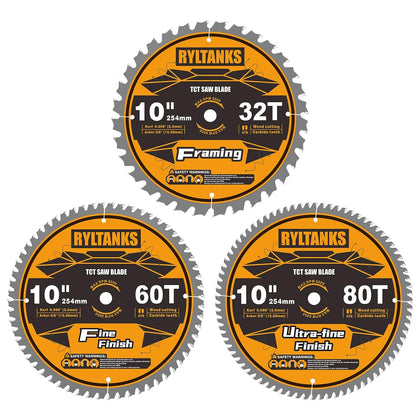 10 Inch Table Saw Blade/Miter Saw Blade, 5/8" Arbor, 32T for Framing&60T for Fine Finish&80T for Ultra Fine Finish