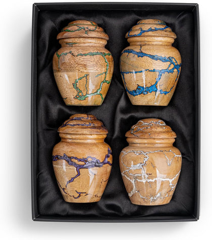 Blue Resin Wood Cremation Urns Multi-Pack - 3 Cubic Inch Thunderstorm Keepsake Set of 4 - Small Epoxy Memorial