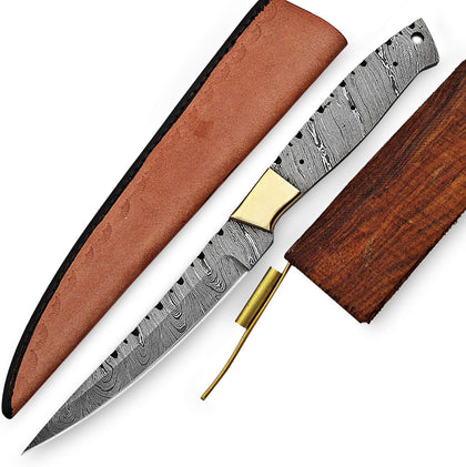 Damascus Steel Fillet Knife Making Kit – DIY Handmade Blank Blade with Rosewood Handle Scales, Brass Pins & Leather
