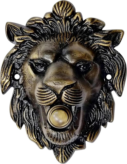 Decorative Push Button Doorbell, Solid Brass, Antique Brass Finish | 5 1/4 X 4 inches, Lion Shaped Design, Solid