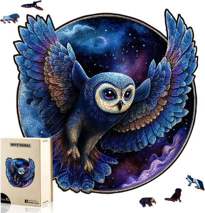 Wooden Jigsaw Puzzles for Adults - Unique Shape Starry Night Owl Puzzle, Irregular Fantasy Animal Pieces, High