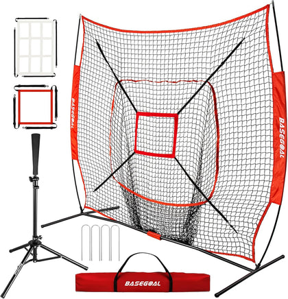 7x7ft Baseball Practice Net with Batting Tee and Strike Zone | Baseball backstop net with 7-strand knotless durable