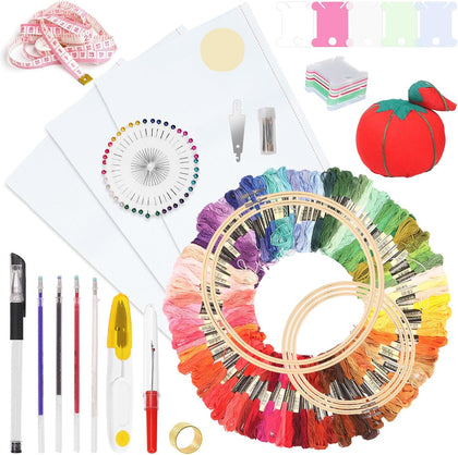 222Pcs Embroidery Kit with Instructions Contains 100 Colors Threads, Embroidery Hoops, Sewing Pins, Floss Bobbins and
