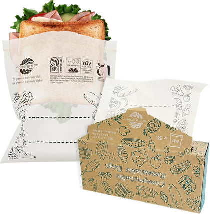 Compostable Food Storage Bags, Resealable Sandwich Bags, 50 Count, 6.7 x 6.8 inches, Extra Thick, Certified US BPI