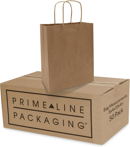Kraft Shopping Bags with Handles, 8x4x10 Inch, 50 Pack | Brown Craft Bags with Handles, Retail Bags for Small