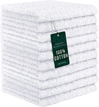 100% Cotton Washcloths 12x12 in, White (10 Pack)