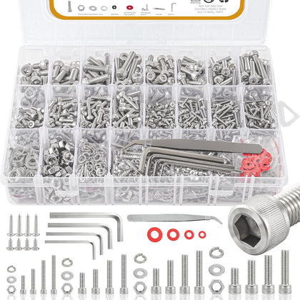 M2 M3 M4 M5 Nuts and Bolts, 304 Stainless Steel Metric Bolt Assortment (Lock & Flat Washers),Metric Screw Assortment