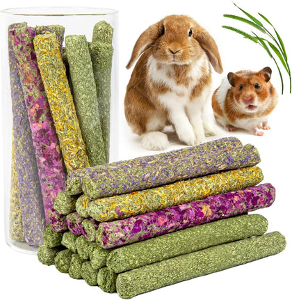 32Pcs Timothy Hay Sticks 320g for Rabbit, Guinea Pig, Hamster - Natural Handmade Treats and Chews for Teeth