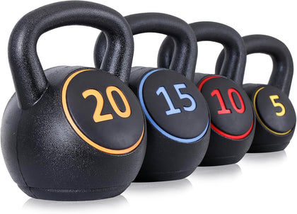 Wide Grip Kettlebell Sets 4 Piece Strength Training KettleBells Weights Set 5lb, 10lb, 15lb, 20lb HDPE Coated