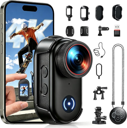 4K Mini Action Camera WiFi, Magnetic Wearable POV Body Camera with Audio | Thumb-Size 1.47" Screen, Hands-Free