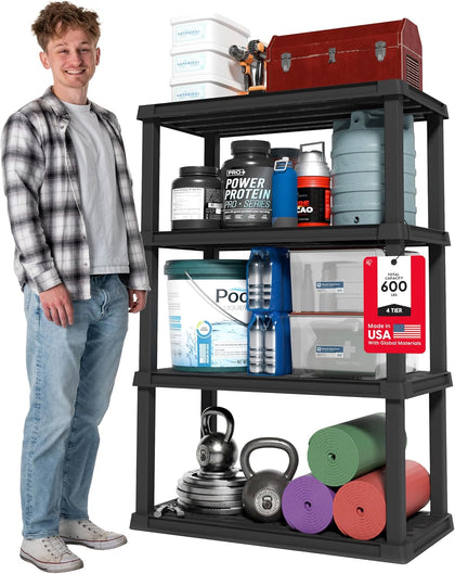 4-Shelf Heavy Duty Plastic Storage Shelves, 600lb Capacity, 56" H x 36" W x 18" D, Large Modular Shelving Unit