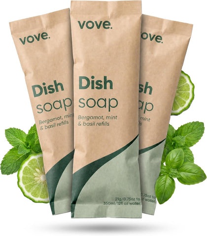 Dish Soap Refills 3-Pack, Bergamot Mint & Basil, Powder-to-Gel Dishwashing Liquid Refill, Plant-Based Concentrated