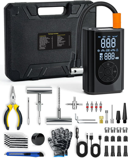 Tire Repair Kit with Portable Air Compressor, Tire Plug Kit 58PCS with Cordless Tire Inflator (150 PSI) for Car