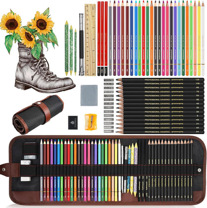 Sketching Drawing Art Pencil Kit-50 Piece Set with 24 Color Pencils for Coloring Books, 14 Graphite 3 Charcoal