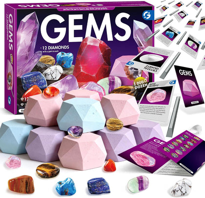 Gemstone Dig Kit, 12 Real Rocks & Minerals, Rock Digging Kit 6-12 | Gemstones & Minerals to Excavate, Complete