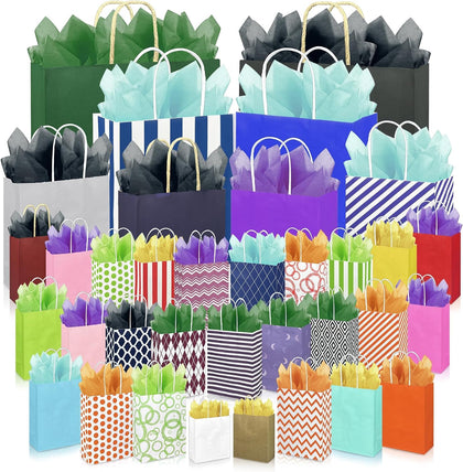 70 PCS Assorted Sizes Gift Bags with Handles Includes 35 Gift Bags 5 Sizes Multiple Colors 35 Tissue Papers 7 Color