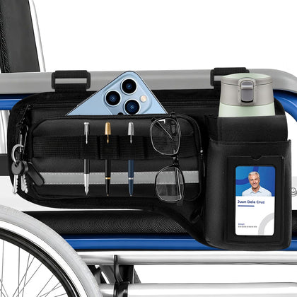 Wheelchair Side Bag with Cup Holder Reflective Strip Multi Pockets, Wheelchair Armrest Storage Pouch Pen Loop
