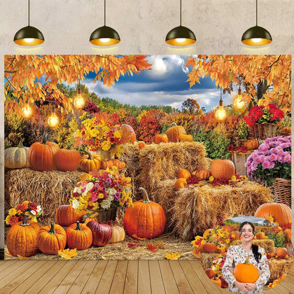 Autumn Harvest Banner Backdrop 7x5FT Fall Farm Pumpkin Hay Bale Photography Background Thanksgiving Maple Leaves