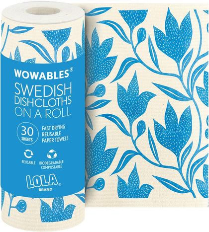 Swedish Dishcloths XL on a Roll, 30 Sheets, Floral Pattern, Perforated Tear-Off 11" x 10" Sheets w/Hook, Reusable