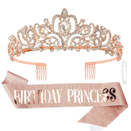 Princess Crown and Birthday Sash Set - Tiara for Women, Girls Birthday Decorations and Gifts - Rose Gold