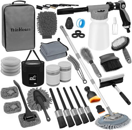 Car Wash Detailing Kit with Foam Gun, Car Cleaning Kit Set,Car Wash Brush with Long Handle, Large Folding Bucket for