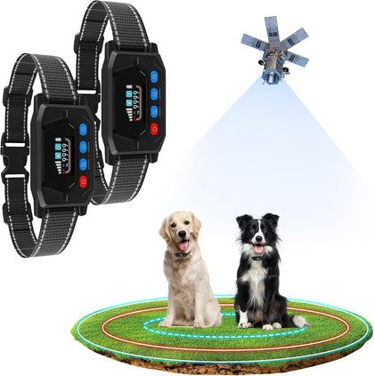 GPS Wireless Dog Fence for 2 Dogs - Electric Fence for Large Medium Dogs with 3 Warning Modes, Adjustable Radius
