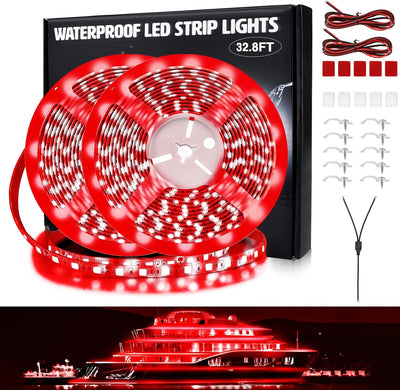 LED Boat Lights 32.8ft (2 Rolls of 16.4ft), LED Boat Strip Lights, Waterproof Boat Interior Light, Pontoon, Bass Boat, Kayak, Jon Boat, Cabin, Deck, Boat Navigation Lights(Red)