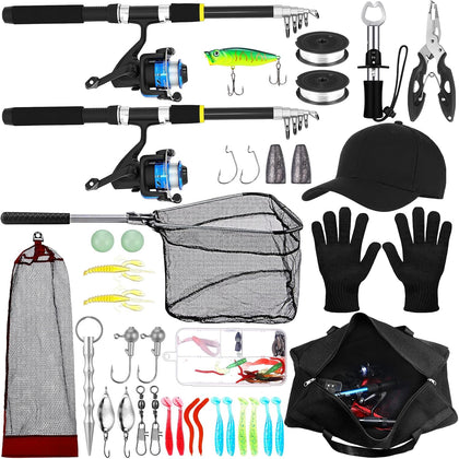Telescopic Fishing Rod and Reel Combo 2 Pcs Collapsible Fishing Pole Kit with Plier Lip Gripper Lures Carrier Bag