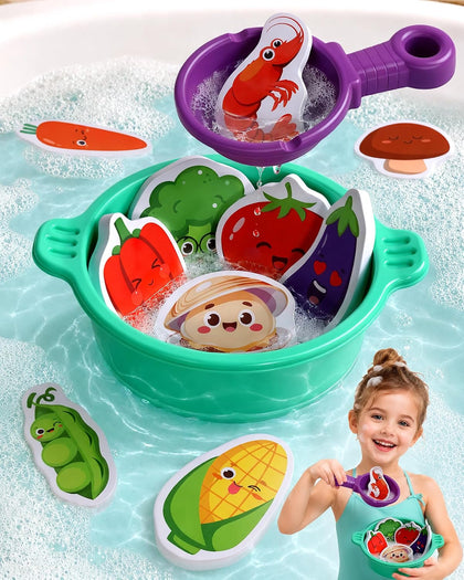 Bath Toys for Kids Ages 4-8 Bathtub Water Toys Play Food Cooking Set | 16 Pcs Mold Free Floating Foam Vegetables &