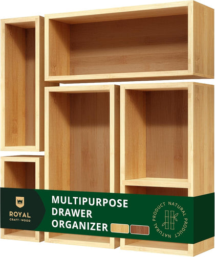 5-Piece Bamboo Drawer Organizer Set – Multi-Use Storage Trays for Kitchen, Bathroom, Office, Makeup, Jewelry & More –