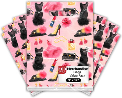 9x12 100 Count Fashion Makeup Boutique Designer Retail Merchandise Bags with Die Cut Handles Premium Printed Shopping
