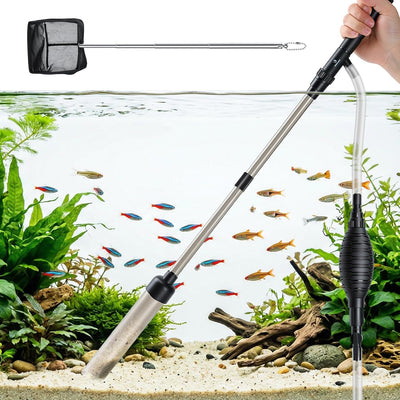5-in-1 Aquarium Siphon Gravel Vacuum Kit with Fish Net, 3 Heads