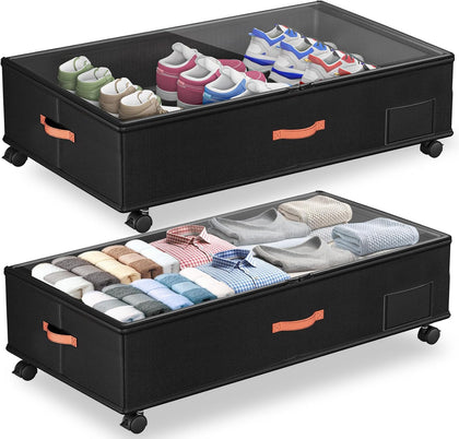 Under Bed Storage with Wheels,2-Pack Under Bed Storage Containers with Clear Lids,XXL Large Under the Bed Storage