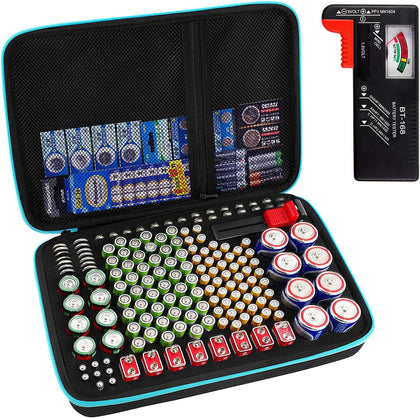 Battery Organizer Storage Case Box with Tester Checker, 220+ Batteries Holder Bag fits for AA AAA AAAA 9V C D Home