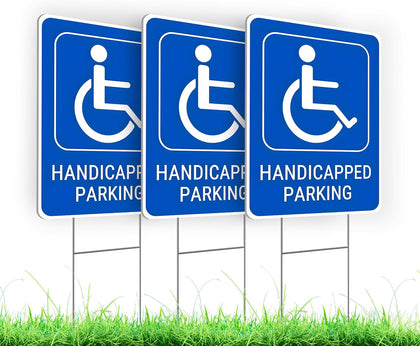 Set of 3 Handicapped Parking Sign with Metal Wire H-Stakes - Double Sided Plastic Reserved Parking Signs - 12x16