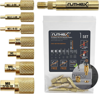 ruthex 7X Soldering Tips/Heat Set Insert Tips - for Thread Inserts M2 / M2.5 / M3 / M4 / M5 / M6 / M8 - #2-56 / #4-40/ #6-32/ #8-32/ #10-24 1/4" and Soldering Iron Adapter 900M / T18