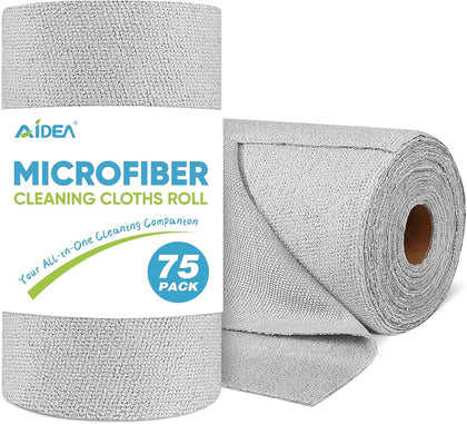 Microfiber Cleaning Cloth Roll, Grey 75PK, Reusable Paper Towels Tear Away Cloth, Microfiber Towels for Cars, Wash