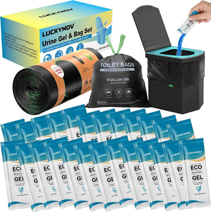 25 Portable Toilet Bags with 25 Poo Gels, 8 Gallon Leak-Proof Camping Toilet Waste Bags – Absorbent Gel Value Pack