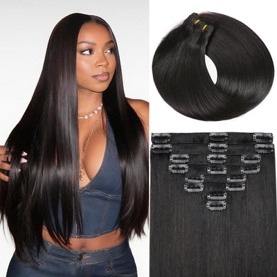 Clip in Hair Extensions Real Human Hair, 18 Inch 100g/3.6oz, 1B Natural Black, Invisible Seamless Straight Remy Human